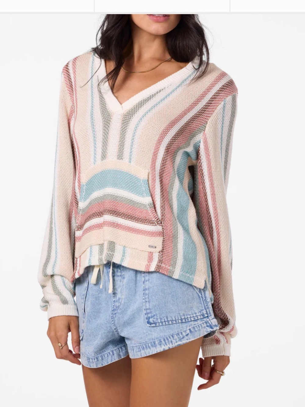 O'Neill Cream Striped V-Neck Hooded Sweater with Rose & Blue Accents